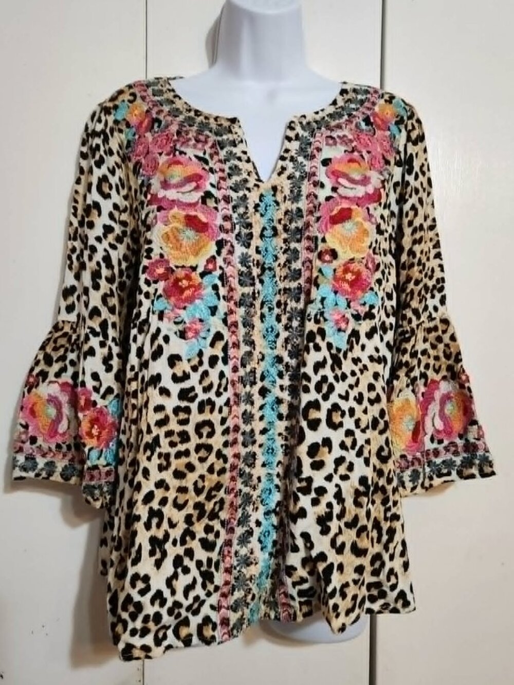 Savanna Jane Cream Leopard Print Blouse with Multicolor Floral Embroidery